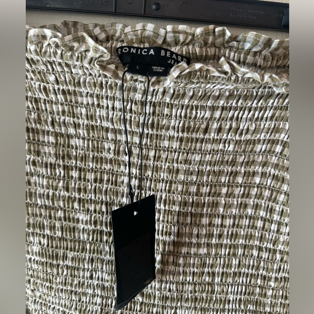 Veronica Beard Aloya Smocked Gingham Mini Skirt Green Ruffle Hem Size L NWT - Picture 10 of 11